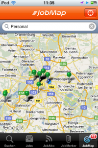 Screenshot der JobStairs App - mein eigener Standort wird mit einem blauen Punkt markiert
